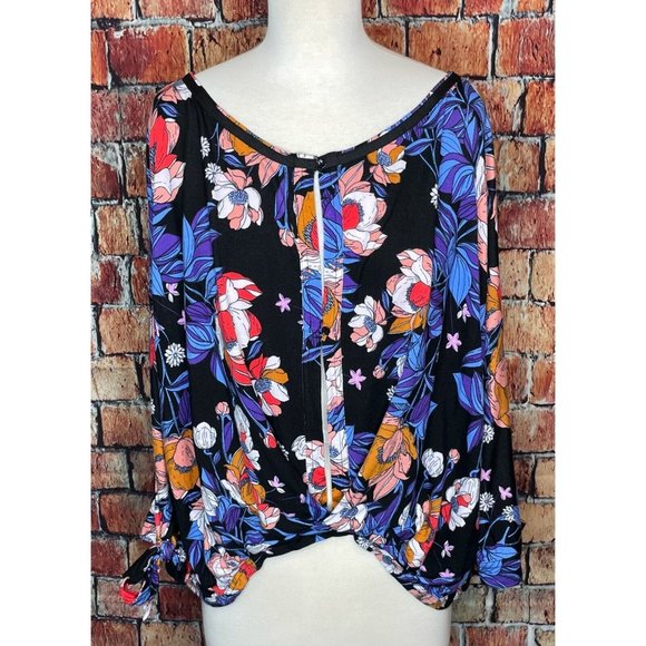 Free People Top Keepin' On Tie Sleeve Tee Floral Open Button Front Medium - Picture 2 of 8